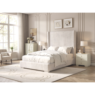 Sunvega Contemporary White Fur Chenille Fabric Mattress Ready Queen Size Bed