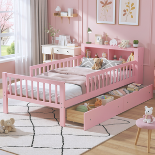 Sunvega Twin Size Bed with Headboard Storage, Two Under-Bed Drawers, and Three-Side Guardrails