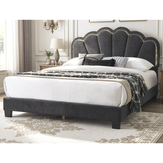 Sunvega Full Size Bed with Floral Design Headboard in Charcoal Wool Fabric
