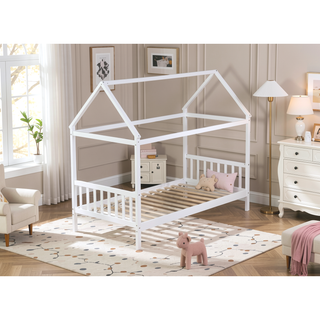 Sunvega Twin Rubber Wood House Bed with Headboard and Footboard in Light Grey