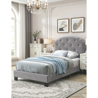 Sunvega Light Gray Finish Twin Size Burlap Fabric Button Tufted Headboard Bed