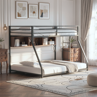 Sunvega Contemporary Twin Over Full Low Bunk Bed with Reversible Ladder in Matte Black