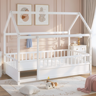 Sunvega Twin Size Floor Wooden Bed with House Roof Frame and Fence Guardrails