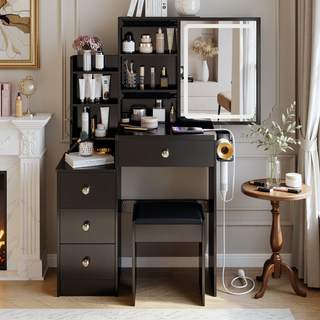 Sunvega Small Size Left Bedside Cabinet Vanity Table with Cushioned Stool and LED Mirror