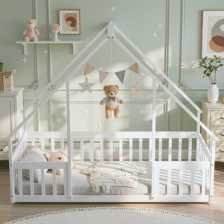 Sunvega Twin Wood House Floor Bed with Guardrail Fence in Grey