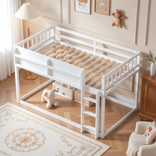Sunvega Low Twin Over Twin Solid Wood Bunk Bed with Ladder for Kids & Juniors