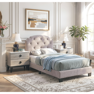 Sunvega European Style Light Brown Burlap Button Tufted Headboard with Support Legs