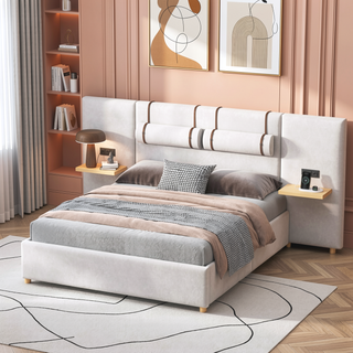 Sunvega Queen Size Upholstered Velvet Platform Bed with USB Charging Ports and Storage Shelves