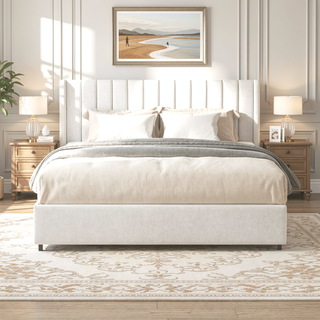 Sunvega Queen Size Ivory Boucle Upholstered Platform Bed with 4 Storage Drawers