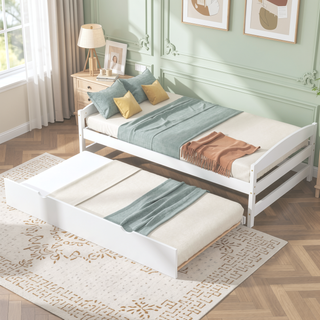 Sunvega White Twin Size Platform Bed with Trundle and Headboard Footboard