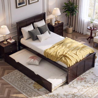 Sunvega Twin Size Platform Bed with Trundle in Espresso Made of Solid Wood