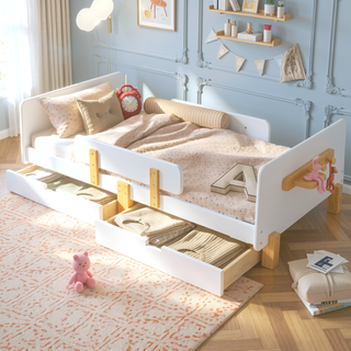 Sunvega Twin Size Solid Wood Platform Bed with Storage Drawers and Guardrail