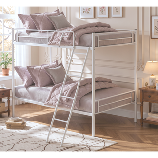 Sunvega White Contemporary Twin Over Twin Metal Bunk Bed with Attached Ladder