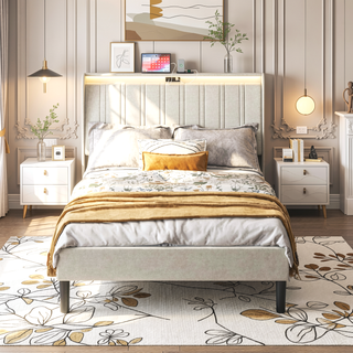 Sunvega Full Size Upholstered Platform Bed Frame with Headboard and USB Charging