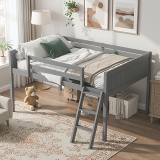 Sunvega White Full Size Low Loft Wood Bed with Convertible Left or Right Ladder