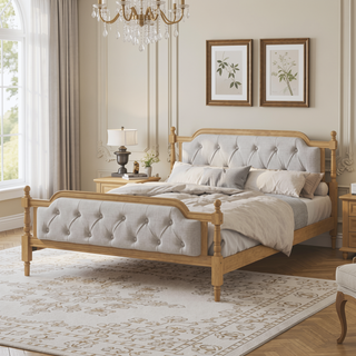 Sunvega French Provincial Style Solid Wood Bed Frame with Tufted Headboard