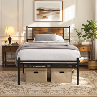 Sunvega Twin Size Metal Bed Frame with Wood Panel Headboard and Under Storage