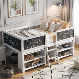 Sunvega Twin Size Low Loft Bed with Movable Shelves Ladder and Decorative Chalkboard Guardrail
