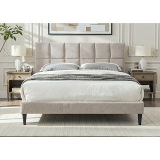 Sunvega Queen Upholstered Pleated Bed in a Box with Sturdy Dark Brown Frame