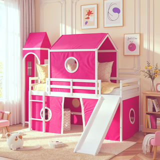 Sunvega Sturdy Pink Twin Size Loft Bed with Slide Tower and Playhouse Design