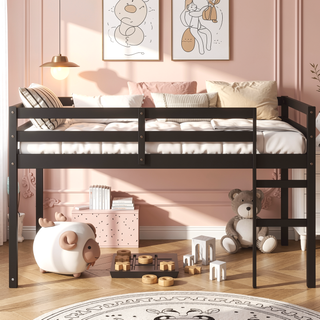Sunvega Espresso Rubber Wood Low Height Loft Bed with Ladder for Bedroom