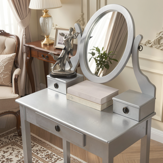 Sunvega Pink Wood Makeup Vanity Table and Stool Set with Mirror and Storage Drawers