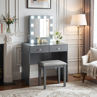Sunvega Gray Makeup Vanity Stool Set with 10 Lights USB Port and Outlet