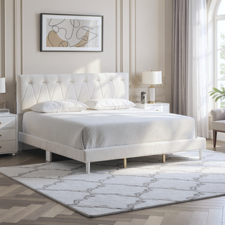 Sunvega Soft Teddy Bear Wheat Color Fabric Upholstered Queen Platform Bed