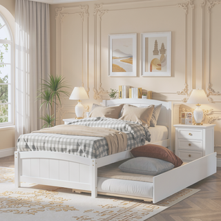 Sunvega White Twin Size Wood Platform Bed with Trundle for Maximized Space