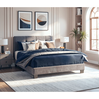 Sunvega Light Brown Velvet Upholstered Queen Platform Bed with Adjustable Height Headboard