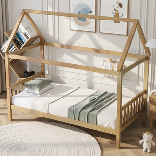 Sunvega Twin Rubber Wood House Bed with Headboard and Footboard in Light Grey