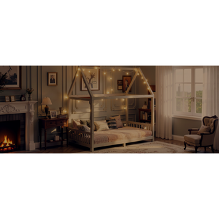 Sunvega White House Shaped Full Size Bed with Guardrail and LED Lights
