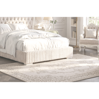 Sunvega Contemporary White Fur Chenille Fabric Mattress Ready Queen Size Bed