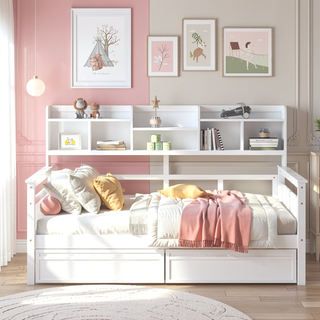 Sunvega Twin Size Daybed with Wood Slat Support, Bedside Shelf, and Two Drawers