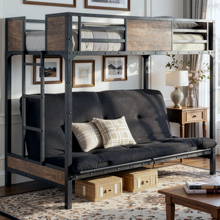 Sunvega Industrial Twin Over Futon Bunk Bed With Metal Frame and Wood Panels