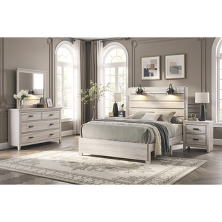 Sunvega Traditional Rustic Style Weathered Cream White Full Size Platform Bed with Lamps
