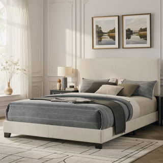 Sunvega Cream Upholstered Queen Bed with Padded Headboard and Black Wood Legs