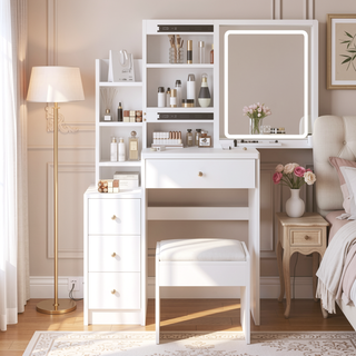 Sunvega Small Space Left Bedside Cabinet Vanity Table with Cushioned Stool