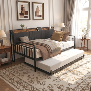 Sunvega Twin Daybed with Trundle Farmhouse Frame Sliding Barn Door Headboard Charging Station