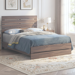 Sunvega Barrel Oak Slatted Headboard Queen Panel Bed with Matching Footboard
