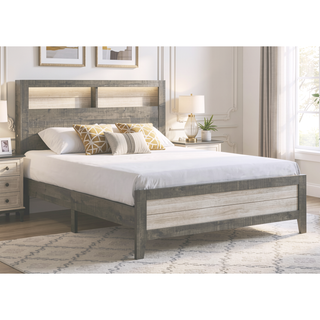 Sunvega King Size Platform Storage Bed with Plank-style Headboard and Built-in Lighting