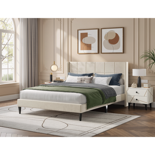 Sunvega Modern Minimalist Linen Upholstered Wingback Bed with Panel-Tufted Headboard