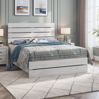Sunvega Barrel Oak Slatted Headboard Queen Panel Bed with Matching Footboard