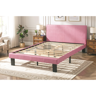 Sunvega Pink Faux Leather Upholstered Twin Size Platform Bed with Wooden Slats