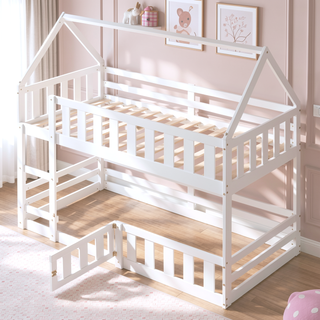 Sunvega Twin over Twin House Bunk Bed with Fence and Door in Gray