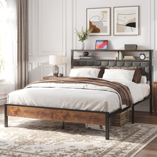 Sunvega Queen Bed Frame with Vintage Shelf Headboard and USB Charging Station