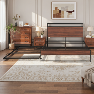 Sunvega Modern Metal Platform Bed Frame with Trundle USB Ports and Shelf