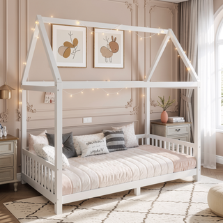 Sunvega White House Shaped Full Size Bed with Guardrail and LED Lights