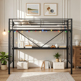 Sunvega Sturdy Metal Twin Loft Bed with Guardrails and Storage Steps