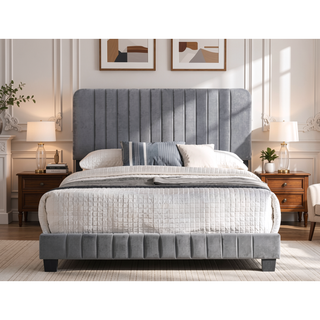 Sunvega King Size Bed with Chic Gray Upholstery for Bedroom Relaxation